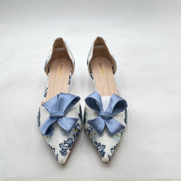 XYD Blue Bloom Embroidery D'Orsay Kitten Heel Bridal Bowknot Pumps Elegant Shoes - Picture 3 of 8
